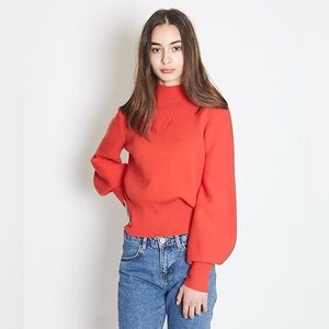 Just Female Alma Knit Balloon Bishop Sleeve Mock Neck Sweater Aurora Red Small